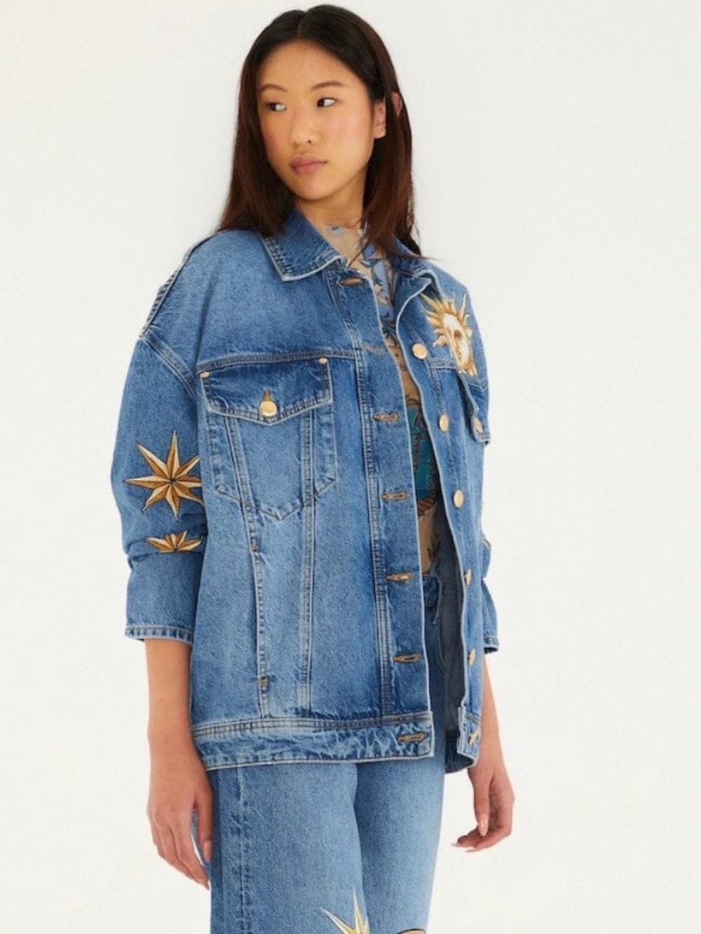 FARM Rio Mystical Sun Denim Jean Jacket with Gold Moon & Star - Picture 1 of 8